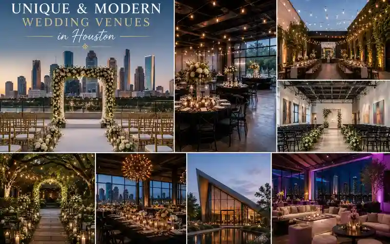 Unique and modern wedding venues in Houston featuring rooftop ceremony spaces, industrial wedding venues, contemporary reception halls, luxury city skyline views, and stylish modern wedding celebrations